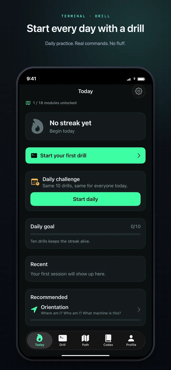 Today screen — start every day with a drill