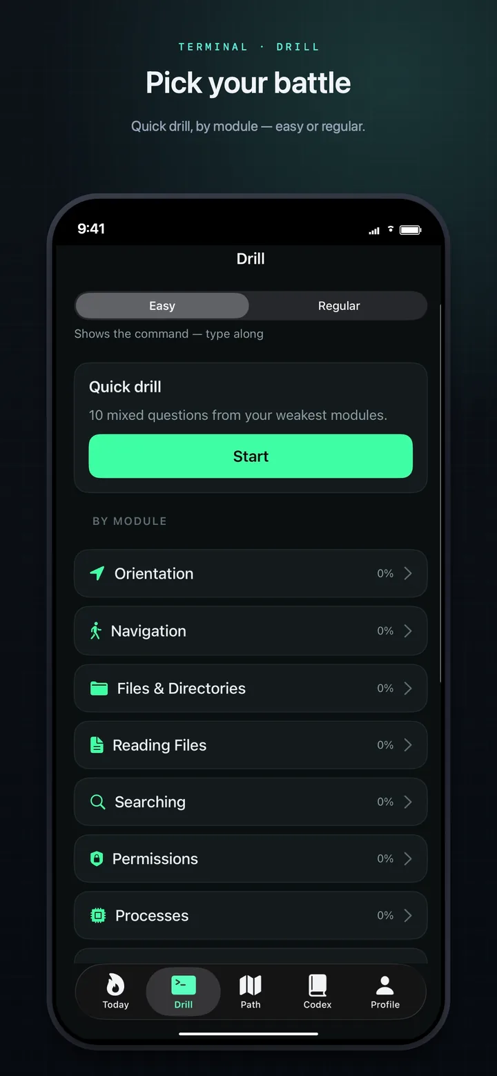 Drill screen — pick your battle (Easy/Regular)