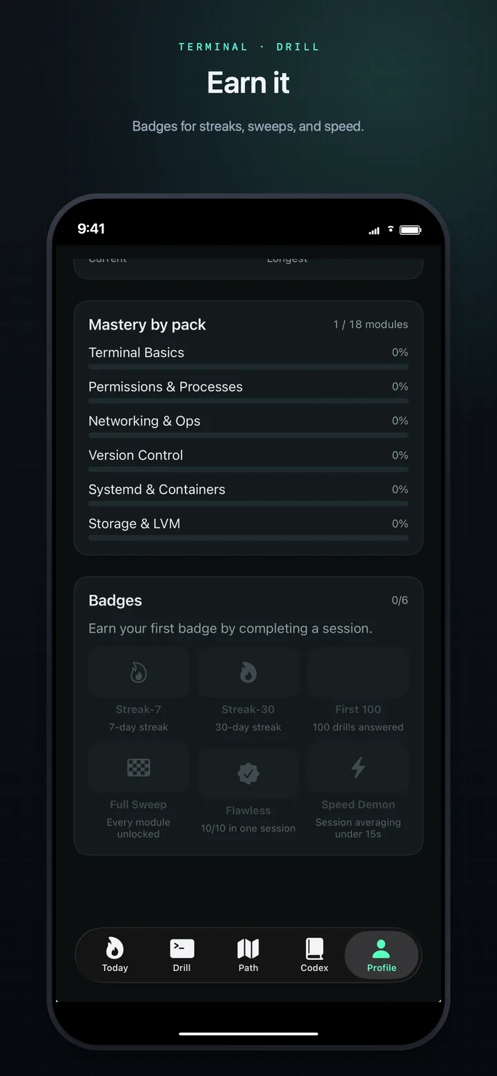 Profile — badges for streaks, sweeps and speed