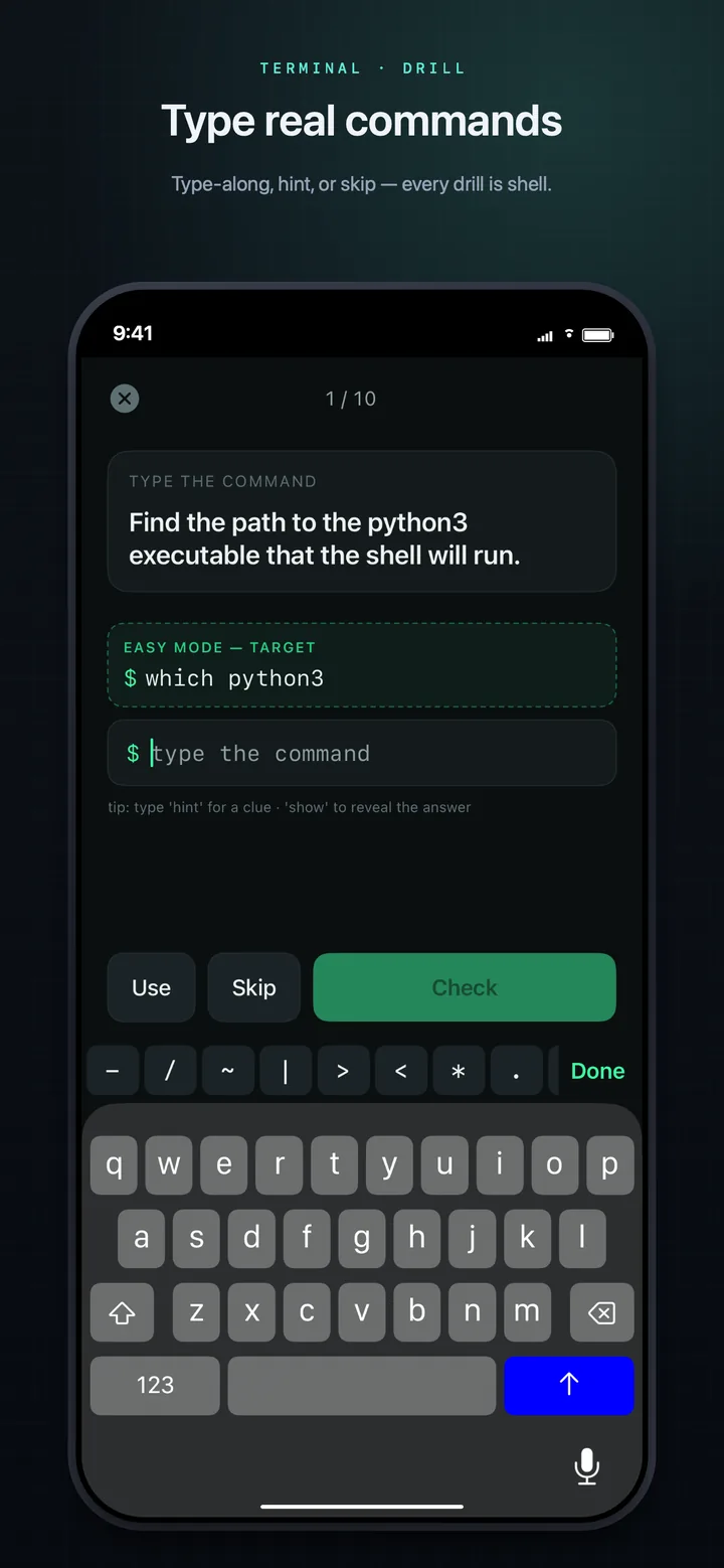Drill in progress — type real commands with the quick-keys row