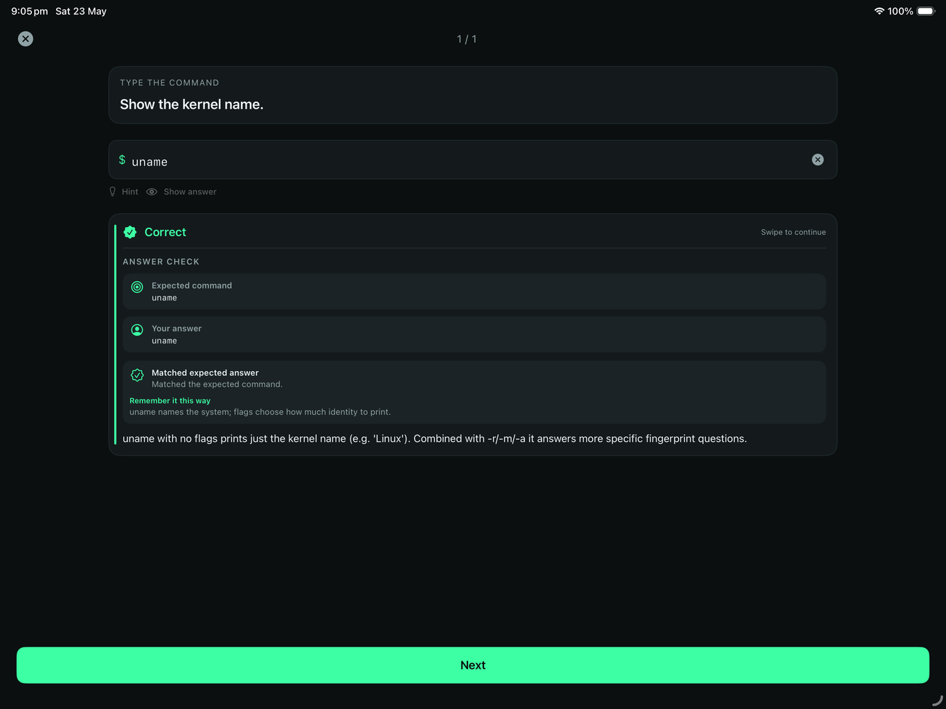 iPad correct answer screen with the expected command and explanation