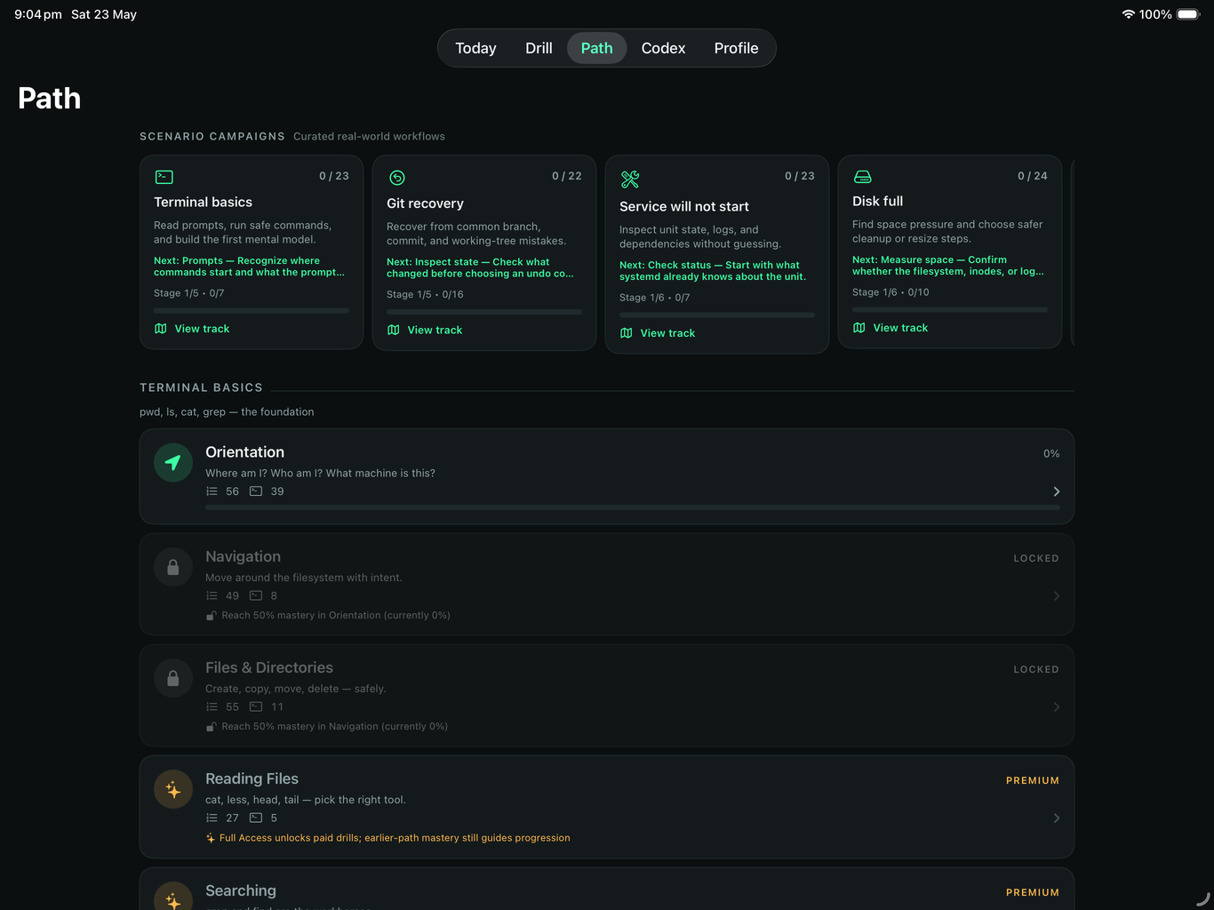 iPad Path tab with scenario campaigns and module progress