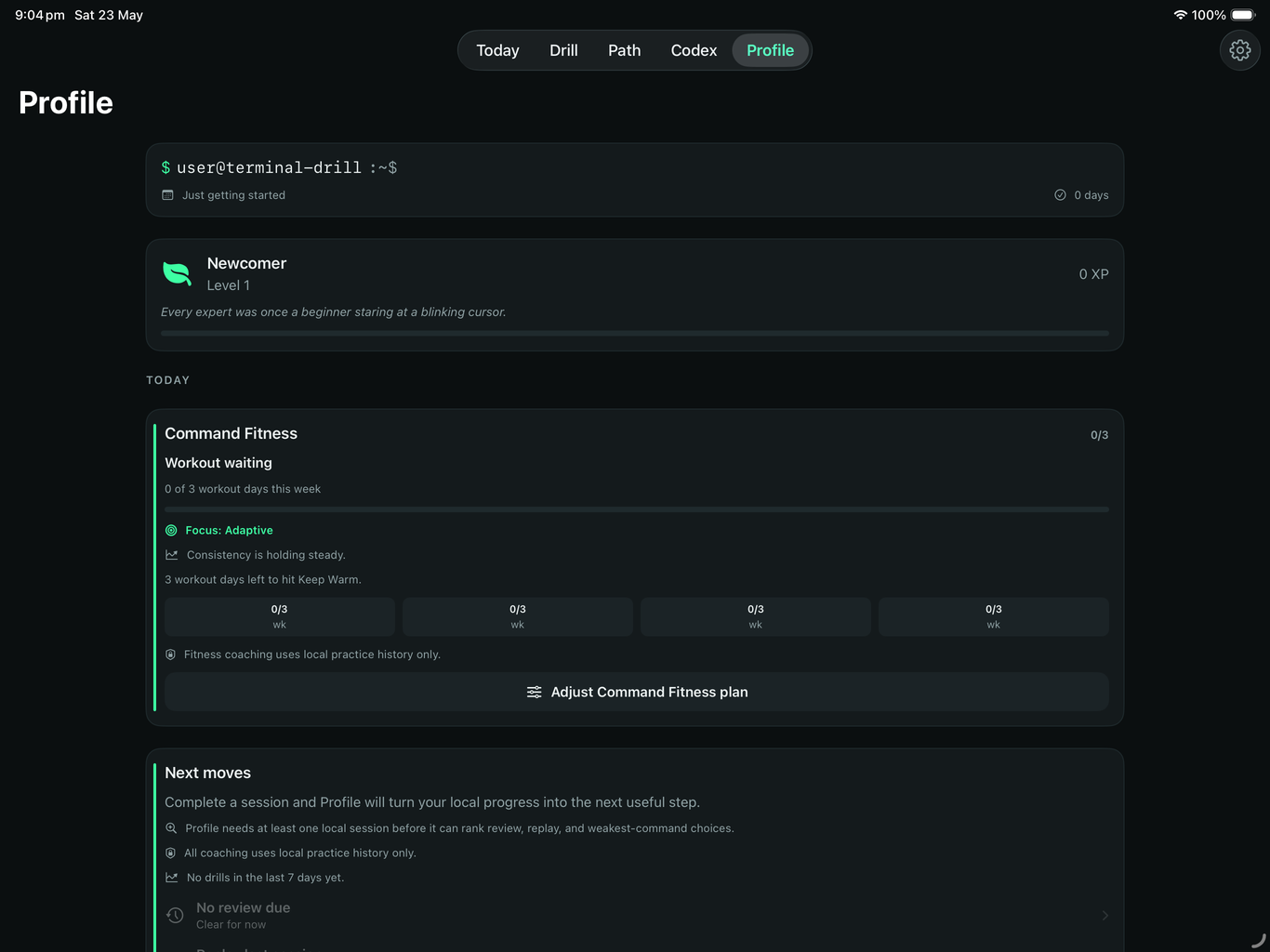 iPad Profile tab with Command Fitness progress and plan controls
